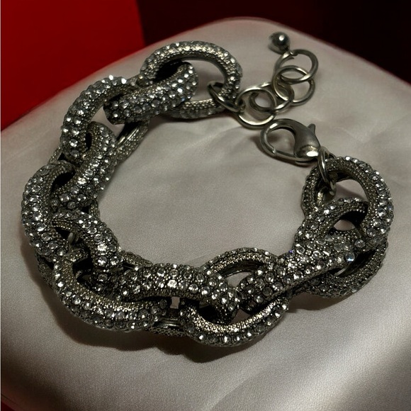 Silver Tone Chunky Link Pave Crystal Bracelet 7-1/2” + 1” - Picture 1 of 8